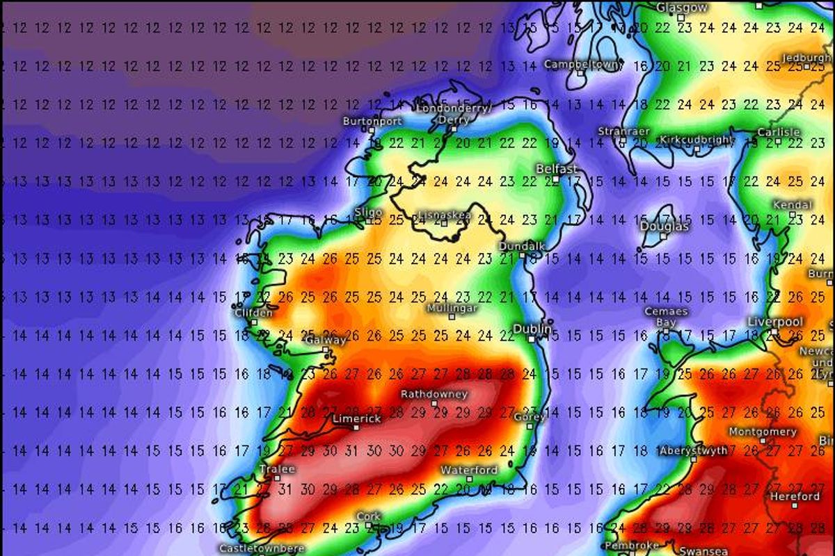 Weather maps show temperatures hitting 31C in parts of the south west on Wednesday afternoon