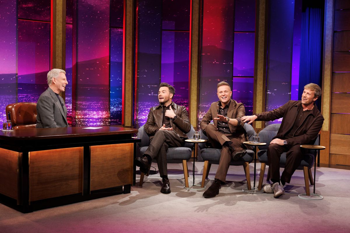 Westlife pictured speaking with Patrick Kielty on The Late Late Show