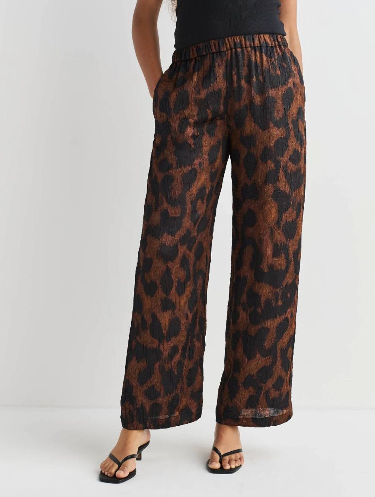 photo of Brown Animal Print Satin Crinkle Wide Leg Trousers