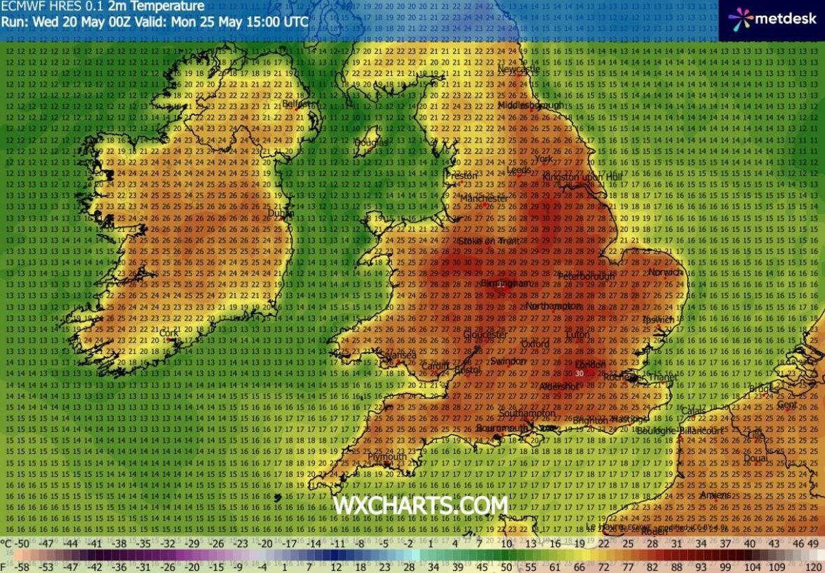 Monday temperature map