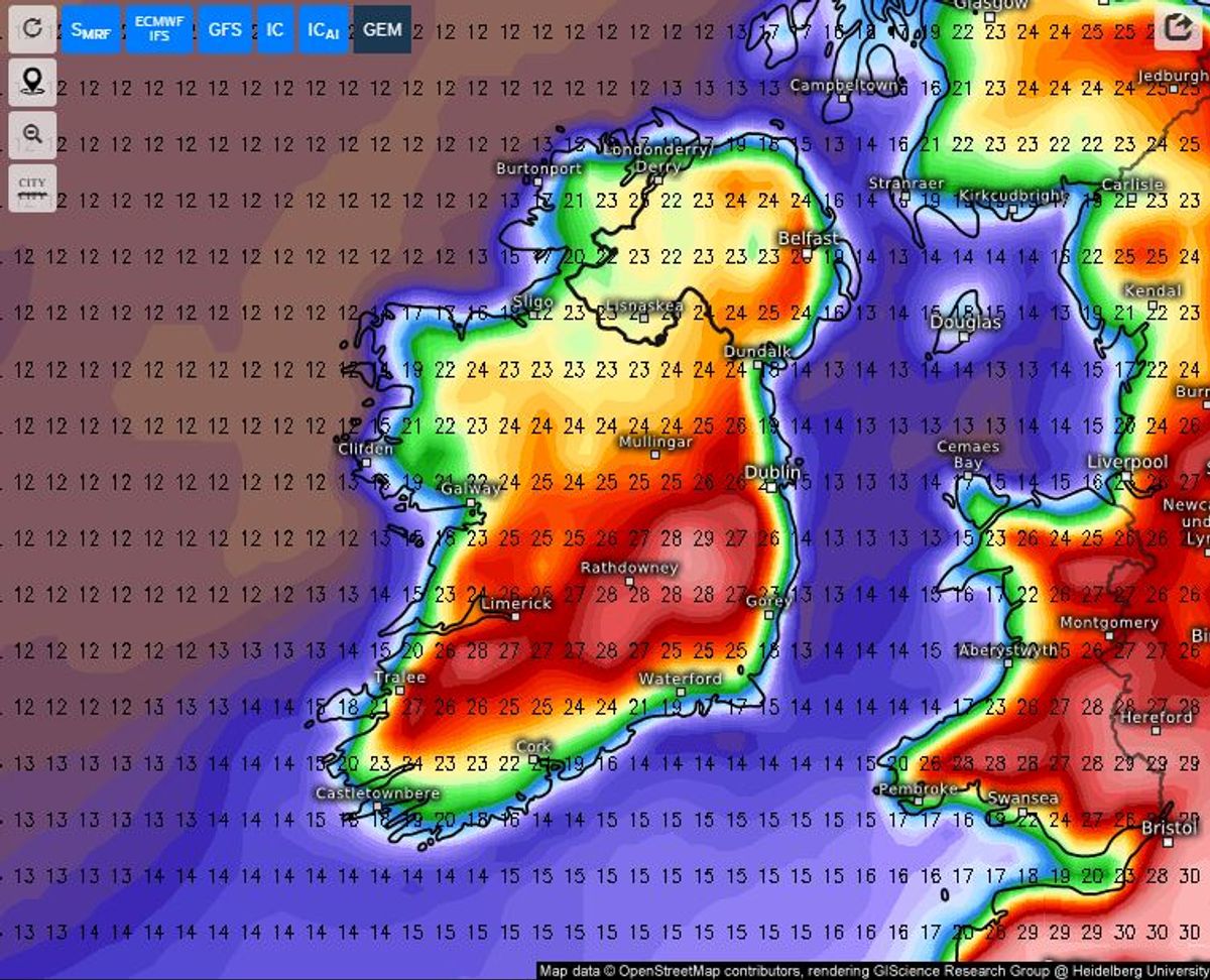 Monday temperature map