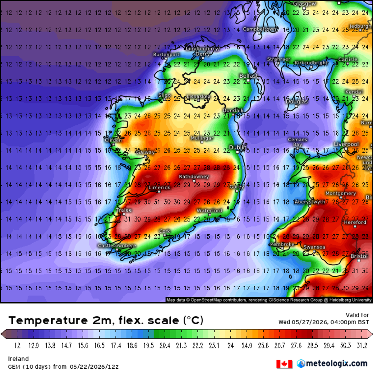 Weather maps show temperatures hitting 31C in parts of the south west on Wednesday afternoon