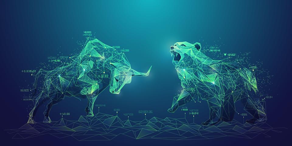 Bull and bear fighting each other.