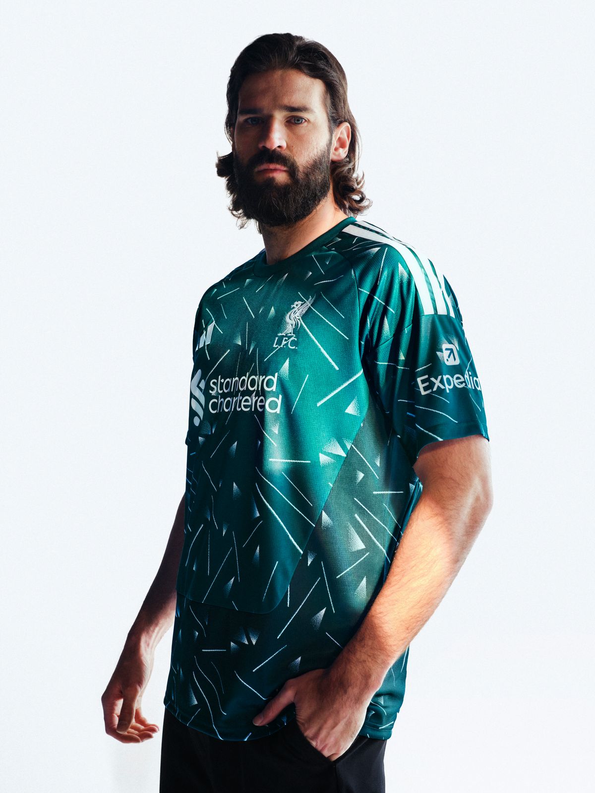 Alisson Becker models Liverpool's new 2026-27 goalkeeper top
