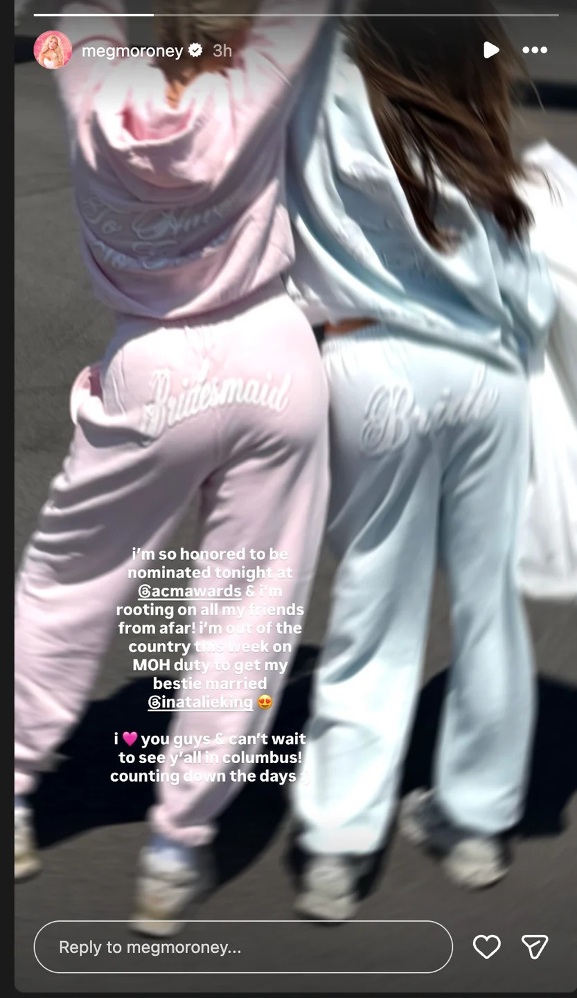 Two individuals wearing matching tracksuits with 'Bridesmaid' text prominently displayed.