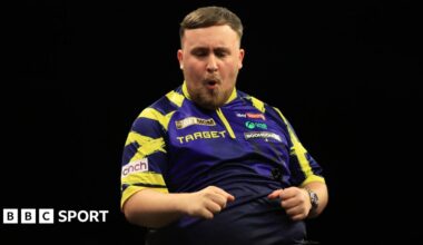 Luke Littler celebrates beating Luke Humphries on night 14 of the Premier League Darts in Leeds