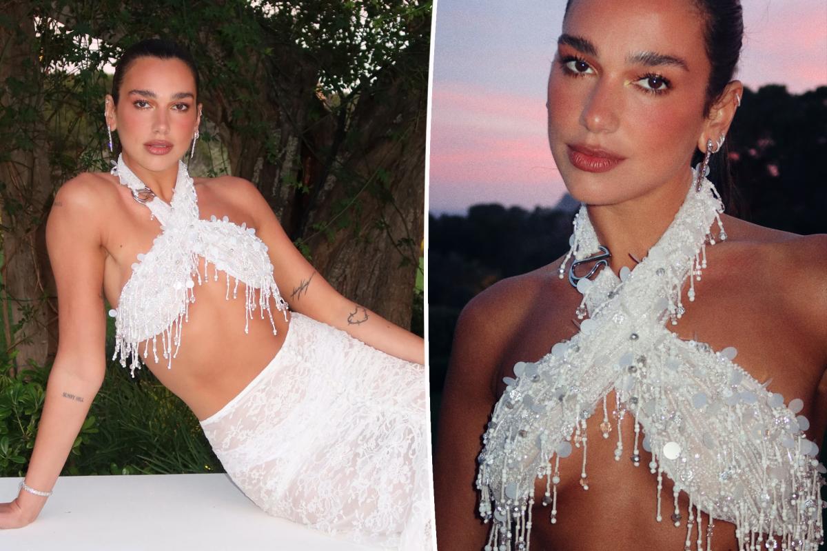 Dua Lipa celebrates her bachelorette in bridal-white bra top — and over $300K of diamonds