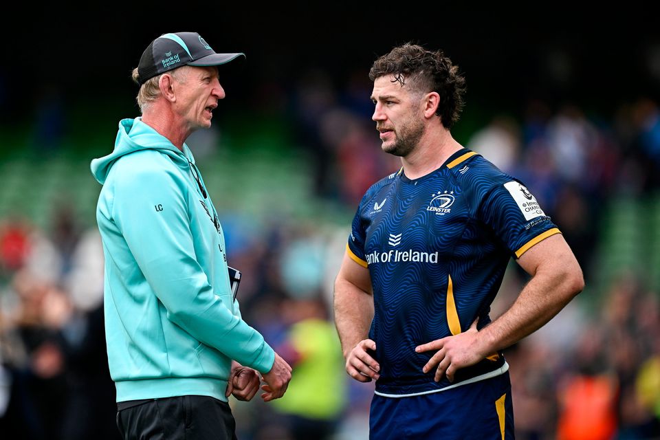 Leinster head coach Leo Cullen and captain Caelan Doris after the Champions Cup semi-final win over Toulon at the Aviva Stadium in Dublin. Photo: Seb Daly/Sportsfile