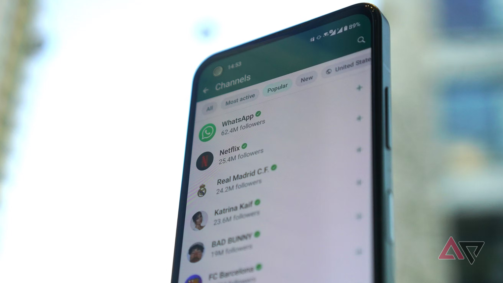 A portrait shot of a phone showing the user interface for WhatsApp.