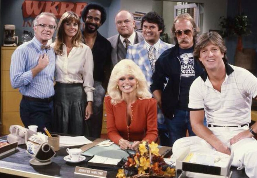 The WKRP cast (from left) Richard Sanders, Jan Smithers, Tim Reid, Loni Anderson, Gordon Jump, Frank Bonner, Howard Hesseman and Gary Sandy.
