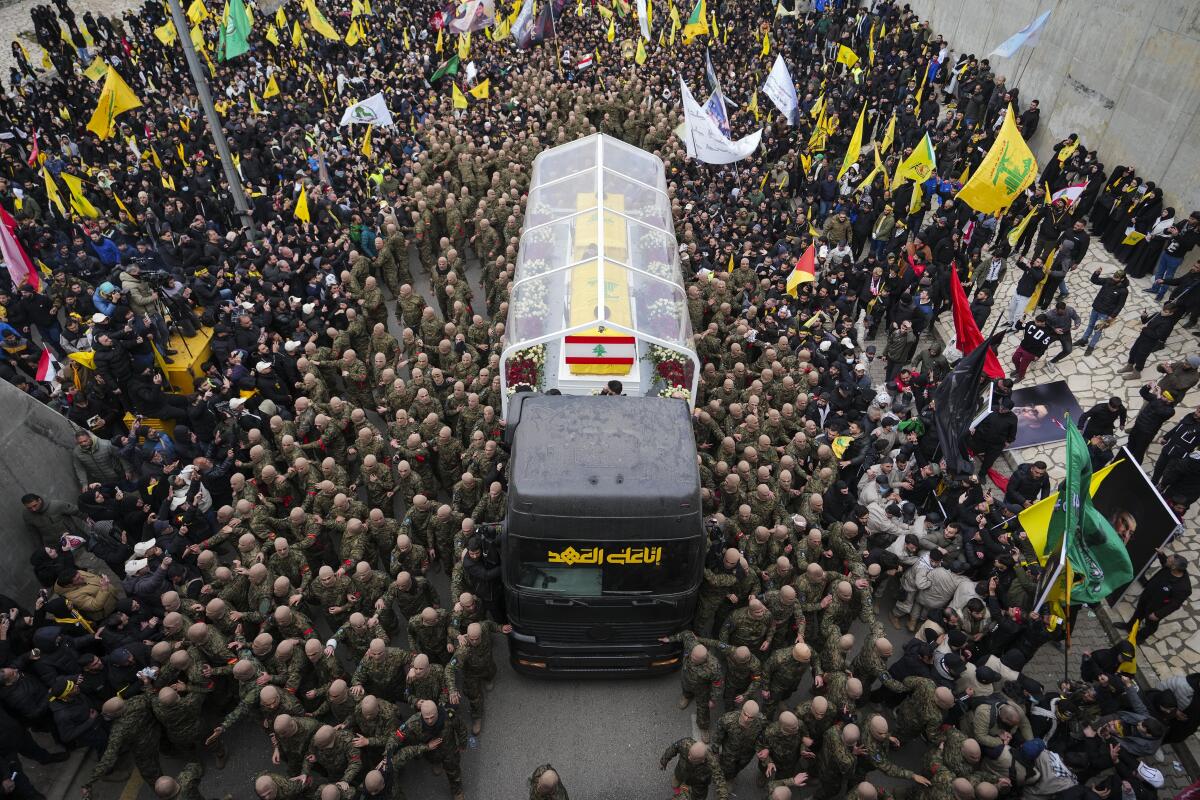 Funeral procession for Hezbollah's former leader, Hassan Nasrallah, in Beirut in 2025. 
