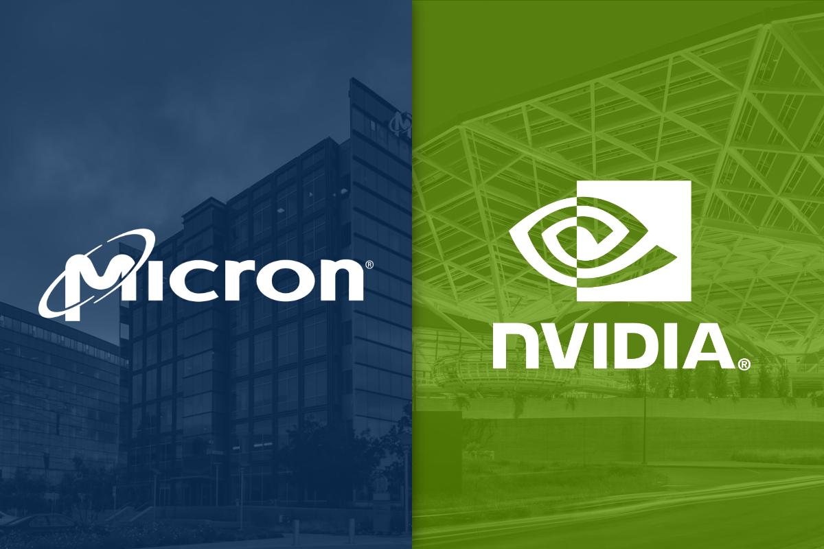 Micron and Nvidia logos and company names on blue and green backgrounds.