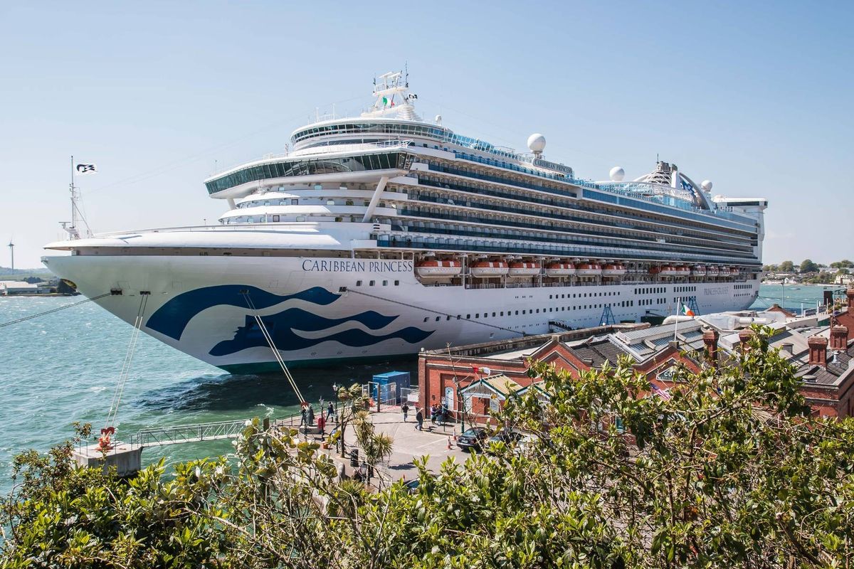 A large cruise ship is docked at a port, partially surrounded by greenery. The vessel features a distinctive blue and white design and is positioned in a body of water, with a clear blue sky overhead.