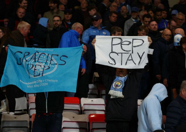 bournemouth-uk-19th-may-2026-manchester-city-fans-with-a-signs-saying-gracies-pep-and-pep-stay-during-the-afc-bournemouth-vs-manchester-city-premier-league-match-at-the-vitality-stadium-bourn