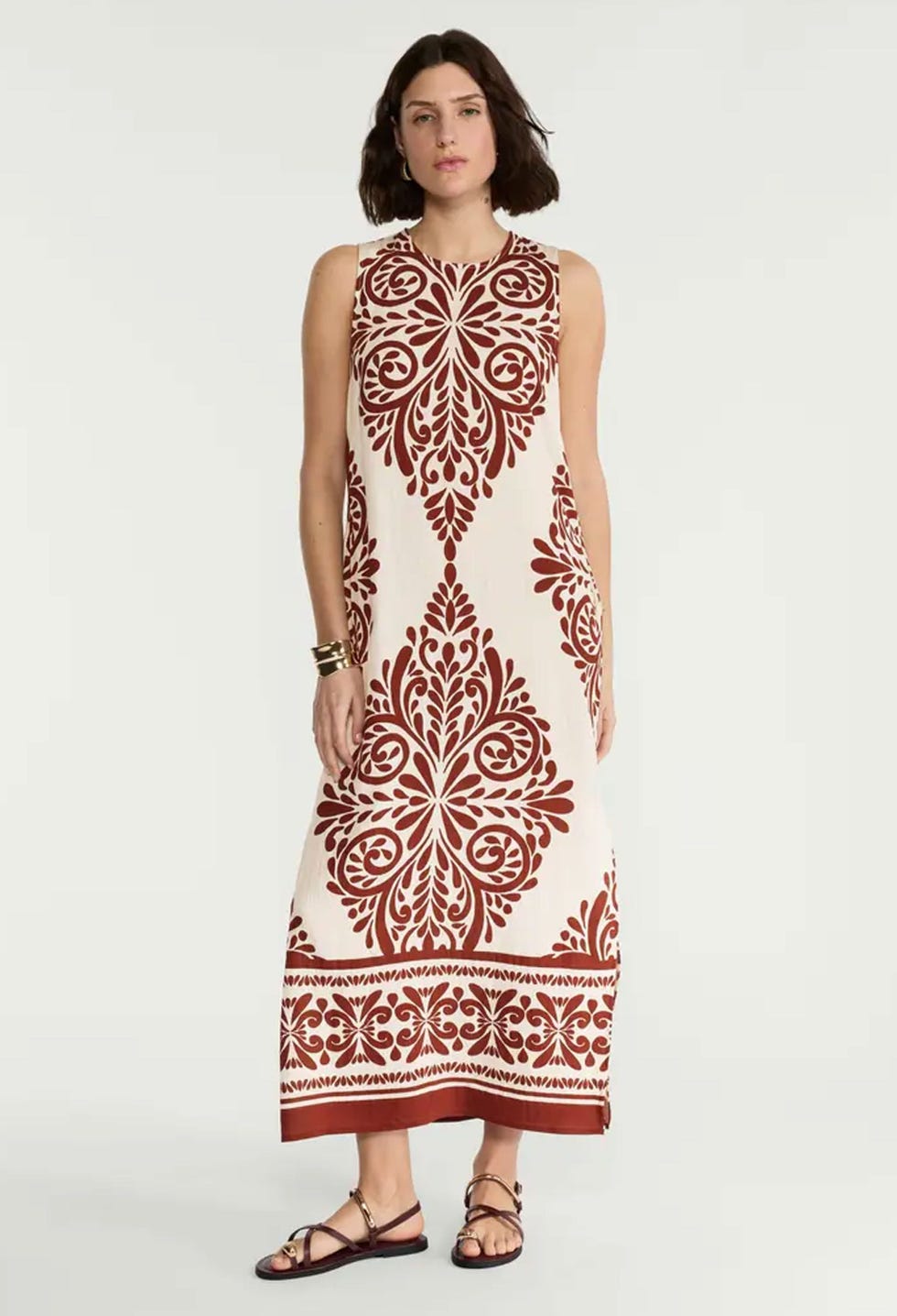 Printed Sleeveless Midi Dress in Multi Red Printed Sleeveless Midi Dress in Multi Red