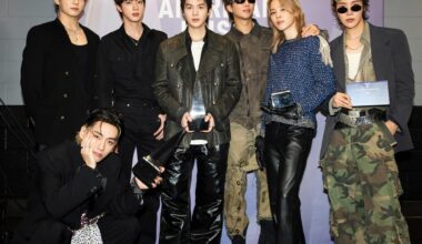 K-pop boy group BTS poses after winning Artist of the Year during the American Music Awards at the MGM Grand Garden Arena in Las Vegas, Tuesday (local time). Courtesy of BigHit Music