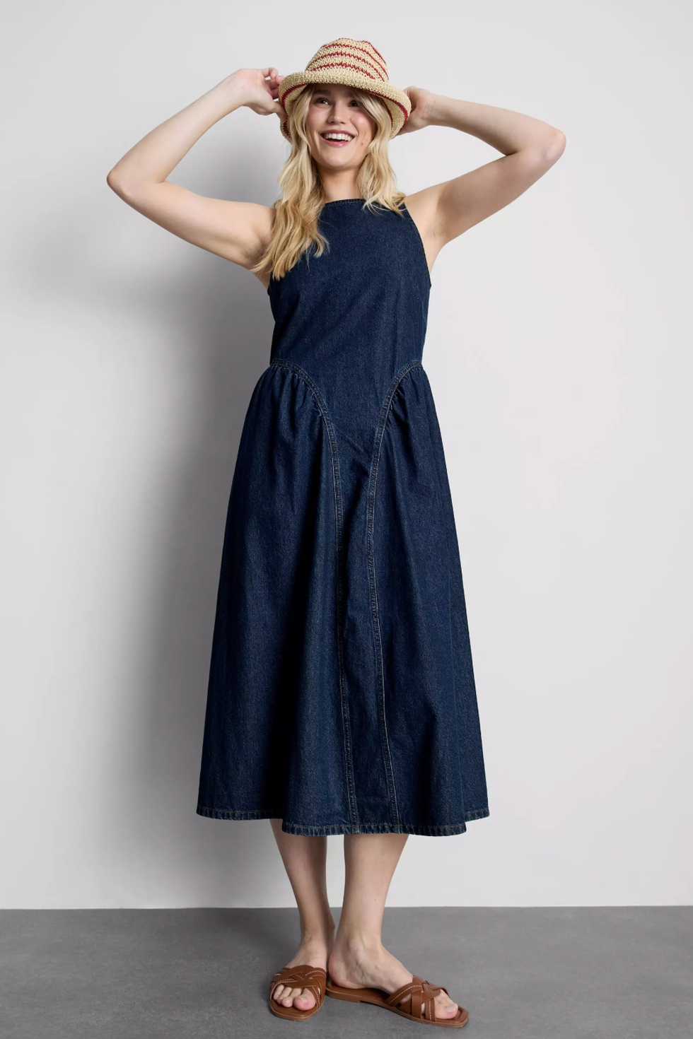 Cotton Denim Drop Waist Midi Dress cotton denim drop waist midi dress