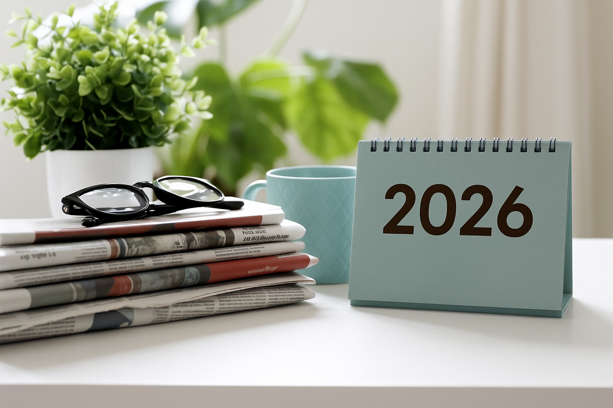 2026 calendar and newspapers on desk