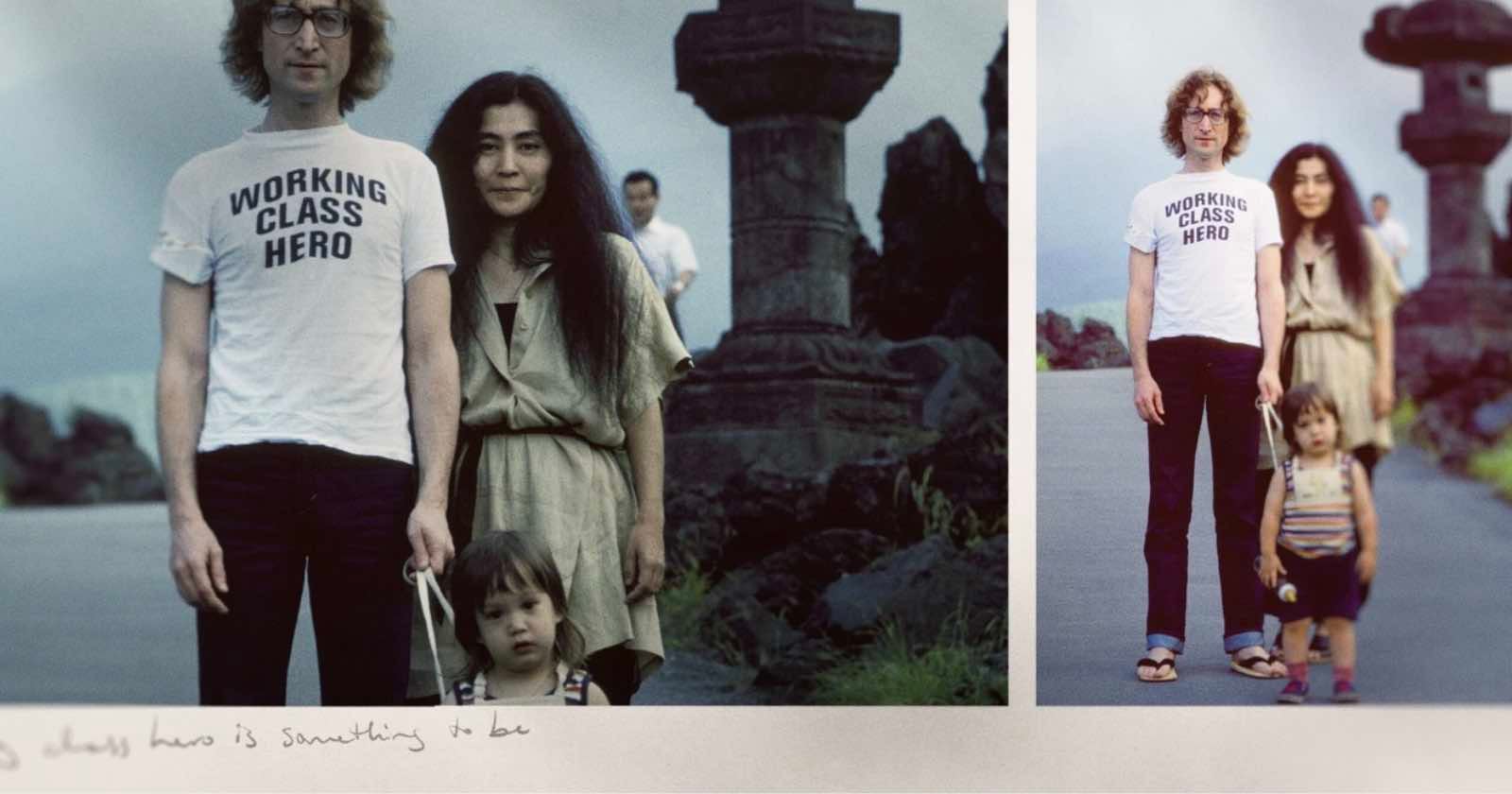 Two photos side by side: A man in glasses and a "Working Class Hero" shirt stands next to a woman in a tan dress. A small child stands in front, holding his hand. The background shows large stone lanterns and greenery.