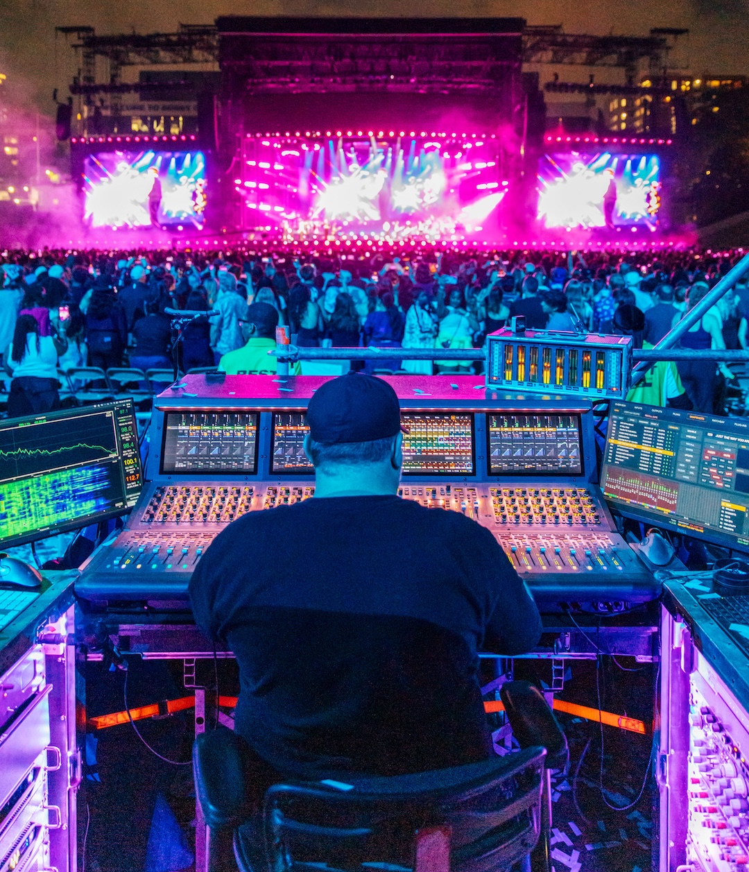 FOH engineer Sean "Sully" Sullivan at the mix position during Bruno Mars' The Romantic Tour at Bobby Dodd Stadium, Atlanta. Photo: Diwang Valdez