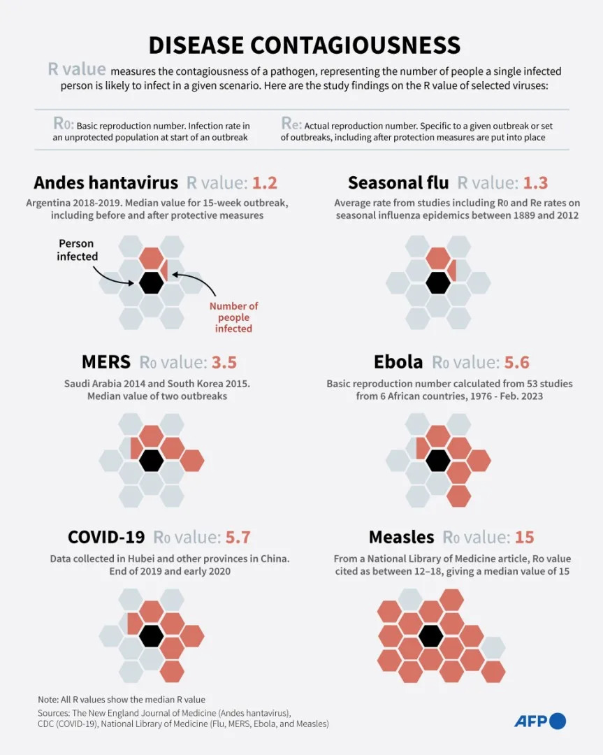 <span>Infographic explaining the R value, contagiousness of selcted diseases, including Andes hantavirus.</span><div><span>Nicholas SHEARMAN</span><span>AFP</span></div>