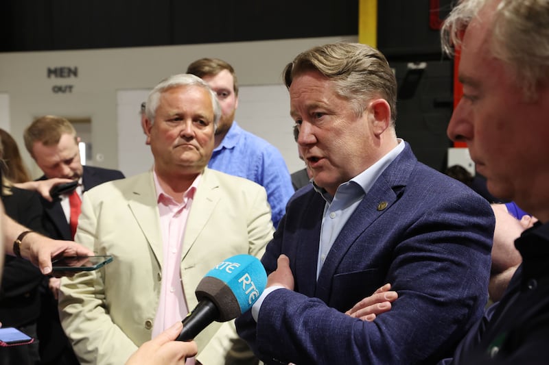 Fianna Fáil's Dublin Central candidate John Stephens (left) with Minister for Transport Darragh O’Brien in the RDS count centre on Saturday. Photograph: Alan Betson