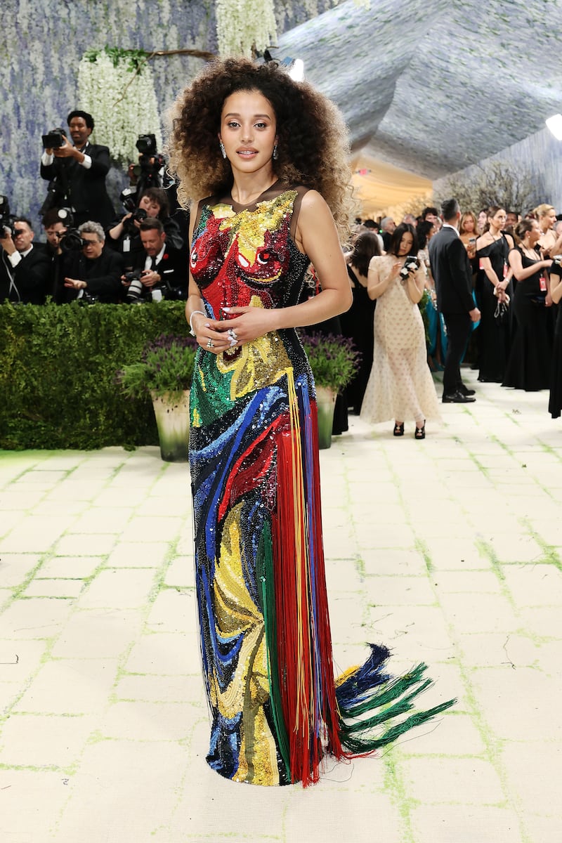 Chase Infiniti in a trompe l’oeil Thom Browne dress. Photograph: Mike Coppola/Getty Images