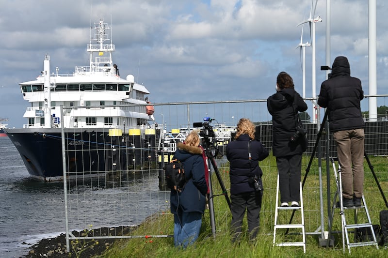 The MV Hondius arrives at the port of Rotterdam. Photograph: Nicolas Tucat/AFP via Getty