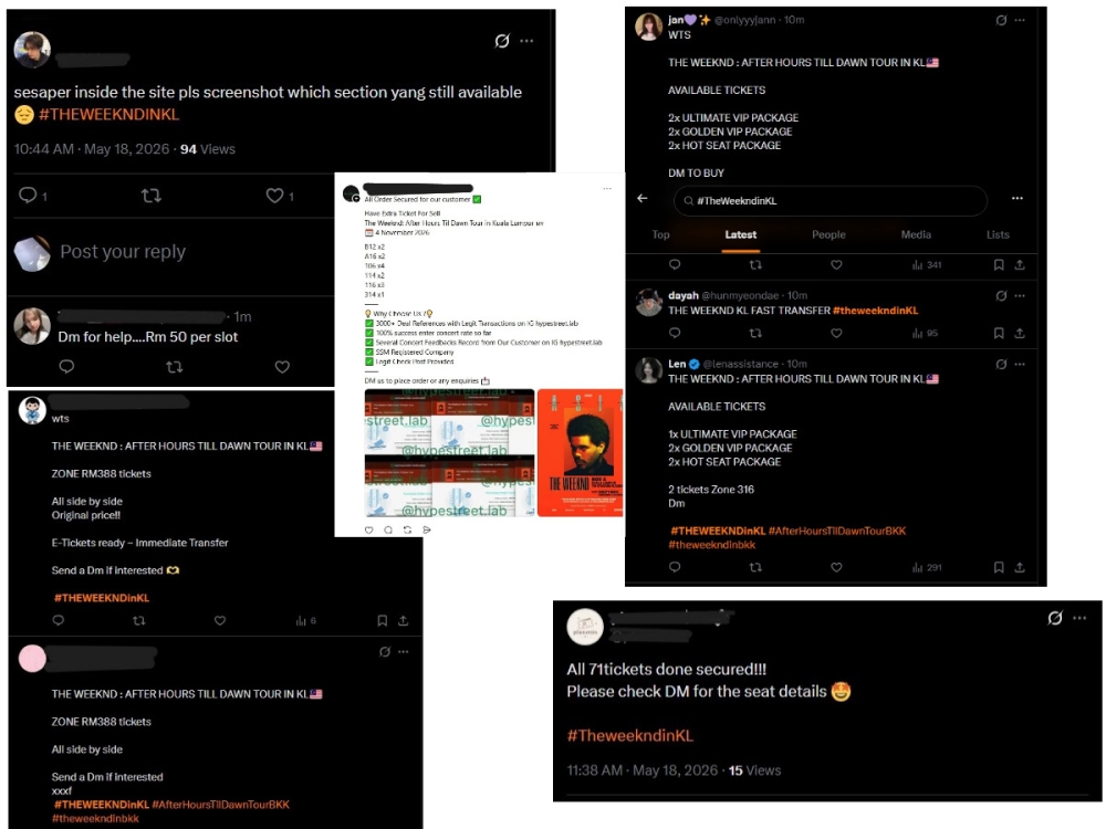 Screenshots from X and Threads show scalpers and ticketing service providers in action during the Artiste Presale this morning. 