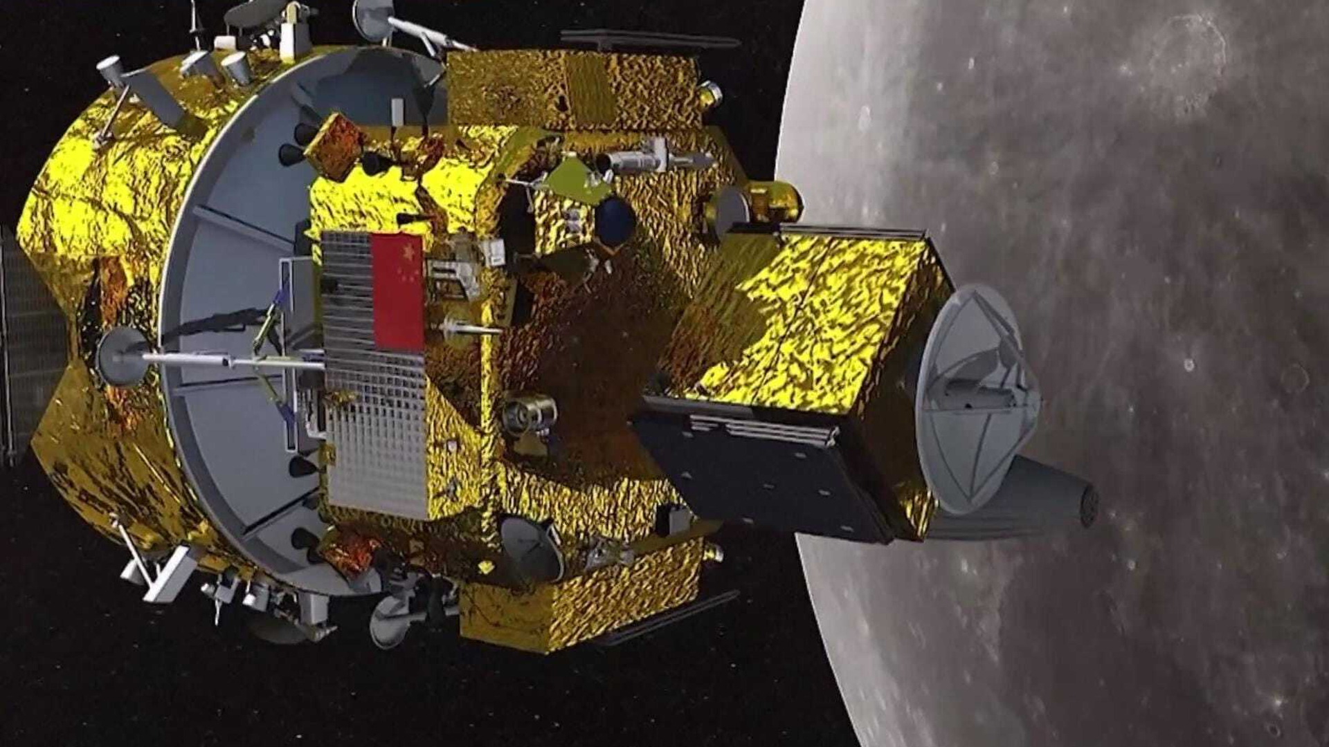 An illustration of a spacecraft covered in gold foil next to the moon in space