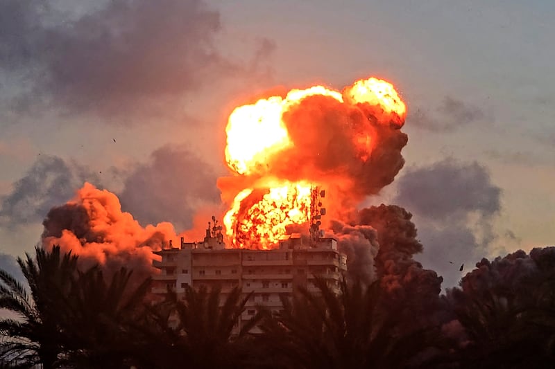 A fireball erupts from a building following an Israeli strike in Tyre, southern Lebanon, on May 28th, 2026. Photograph: KAWANT HAJU / AFP via Getty Images.