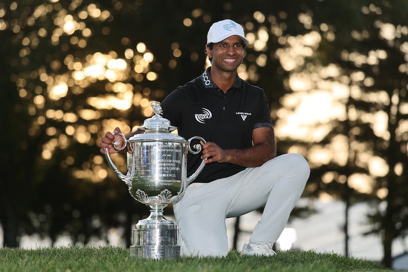 Aaron Rai of England poses with The Wanamaker Trophy after winning the 2026 PGA Championship at Aronimink Golf Club. Photograph: Michael Reaves/Getty