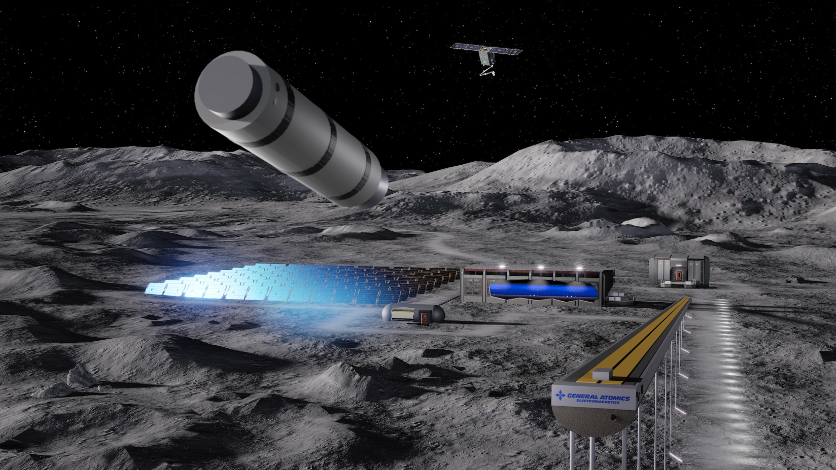 Artist's illustration of an electromagnetic mass driver launching a payload from the surface of the moon.