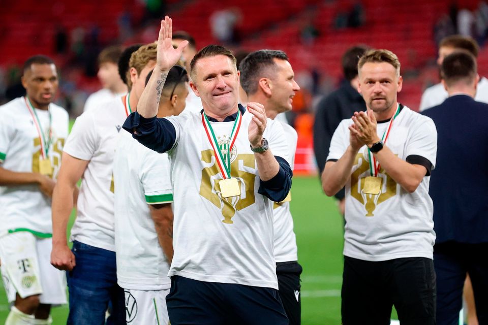 Ferencvaros head coach Robbie Keane celebrates after his side's victory in the Hungarian Cup final against Zalaegerszeg at the Puskás Arena in Budapes. Photo: Aleksandar Đorović/Sportsfile
