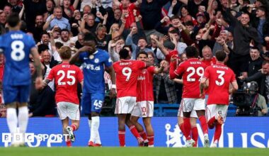 Nottingham Forest celebrate scoring against Chelsea on Monday