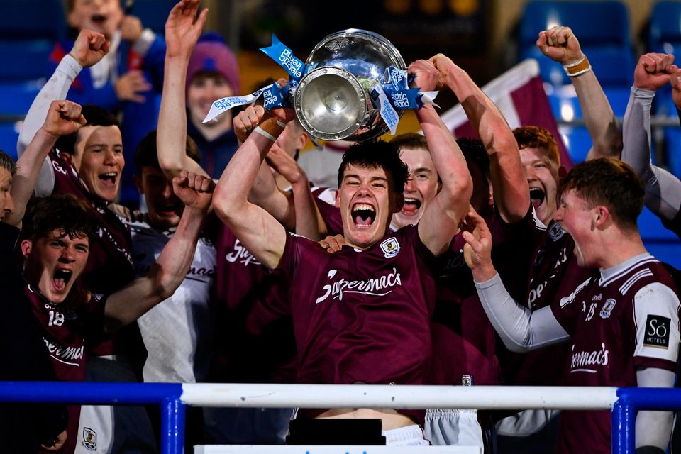 Galway captain Gus Lohan lifts the cup after their Electric Ireland Leinster SHC final win over Kilkenny in Portlaoise. Photo: Ben McShane/Sportsfile