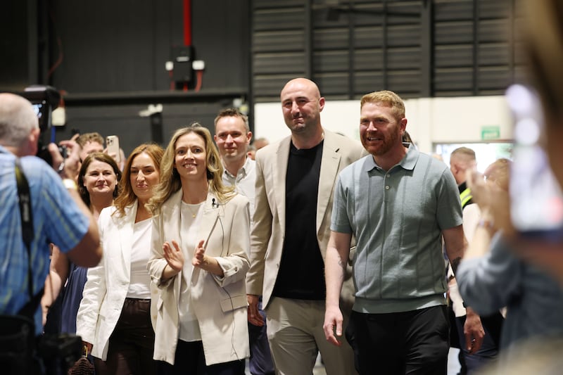 Social Democrat candidate Daniel Ennis (centre) with party leader Holly Cairns and TD Gary Gannon arriving at the RDS count centre on Saturday. Photograph: Alan Betson