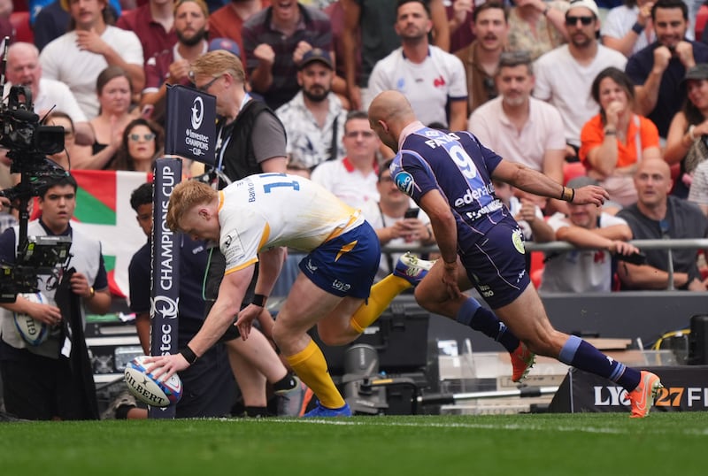 Leinster's Tommy O'Brien scores their first try against UBB. Photograph: Ben Whitley/PA