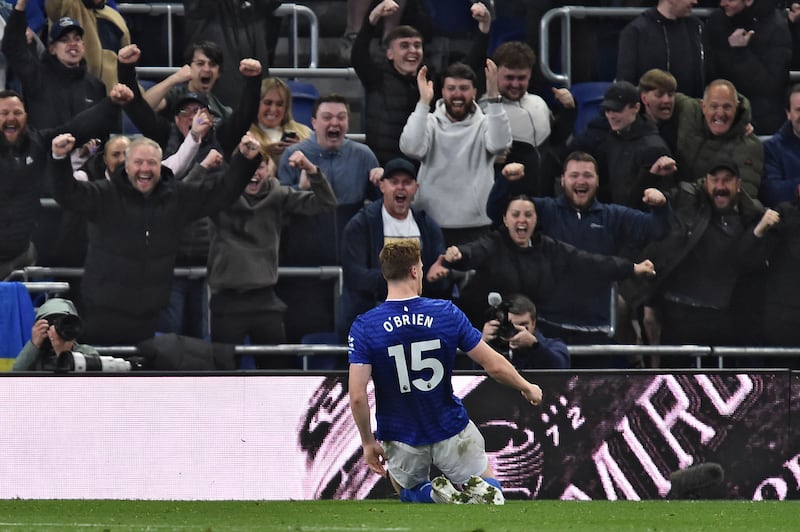 Jake O'Brien celebrates after giving Everton the lead against Manchester City in the Premier League match at Hill Dickinson Stadium. Photograph: Peter Powell/AFP via Getty Images