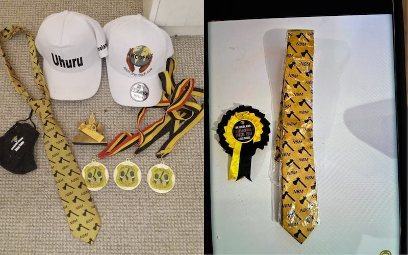 Gardaí recovered a number of clothing items which are believed to denote affiliation, rank and loyalty in the Black Axe organized crime group. Photograph: An Garda Síochána
