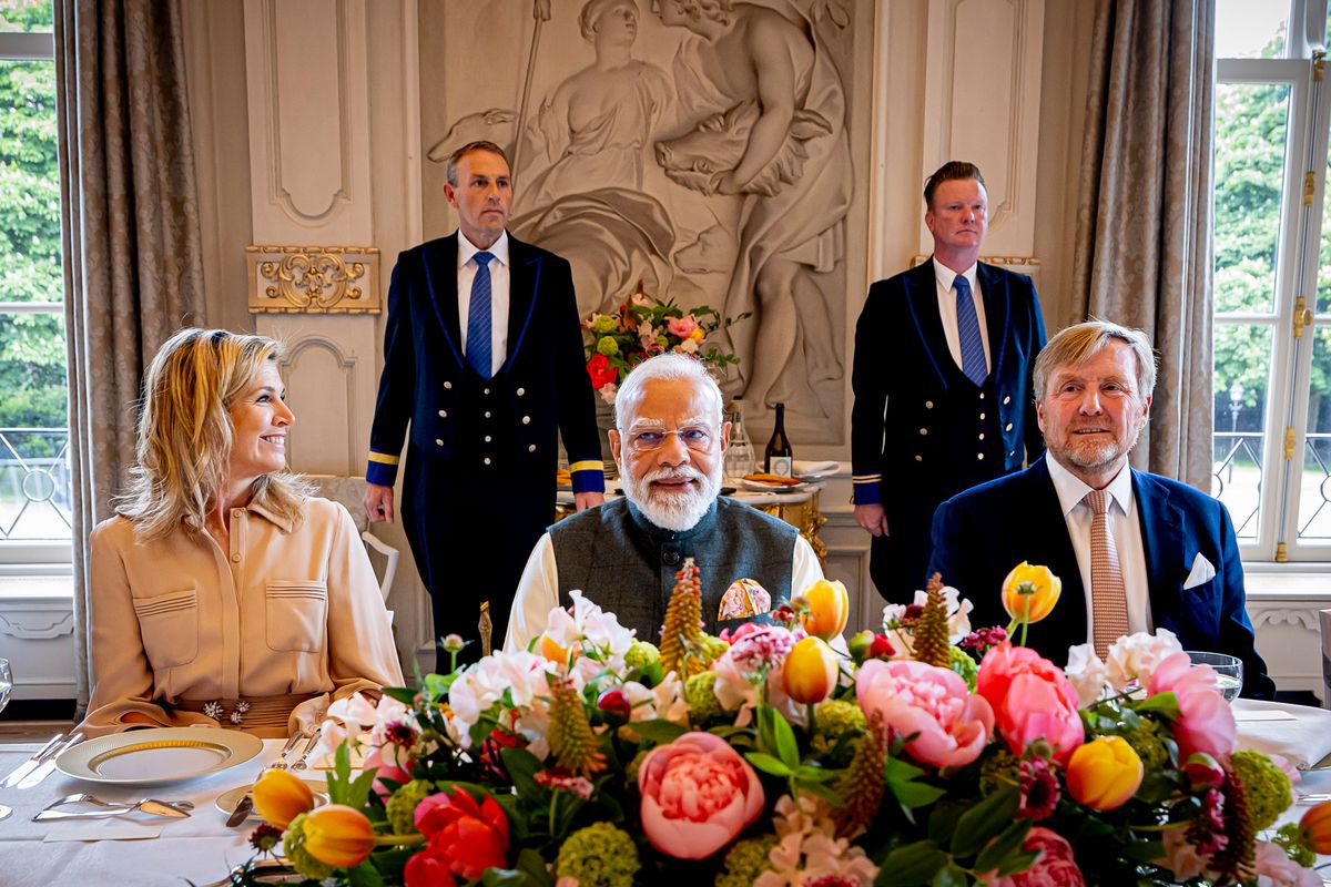 King Willem-Alexander of The Netherlands, Queen Maxima of The Netherlands and Prime Minister Narendra Modi of India during a lunch at Huis ten Bosch Palace.