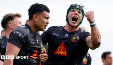 Len Ikitau celebrates scoring for Exeter