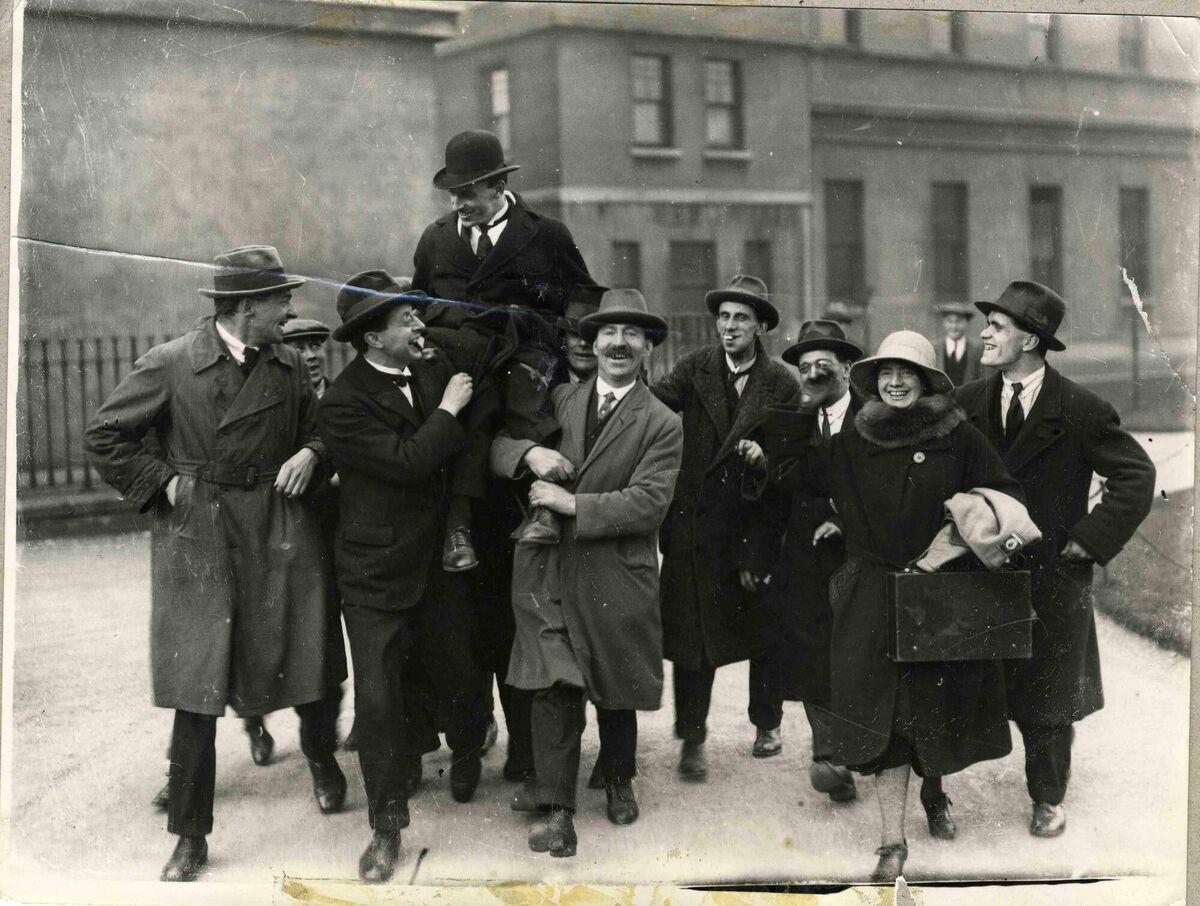 Sean Lemass being carried shoulder high by supporters following his by-election victory in Dublin South in November 1924.