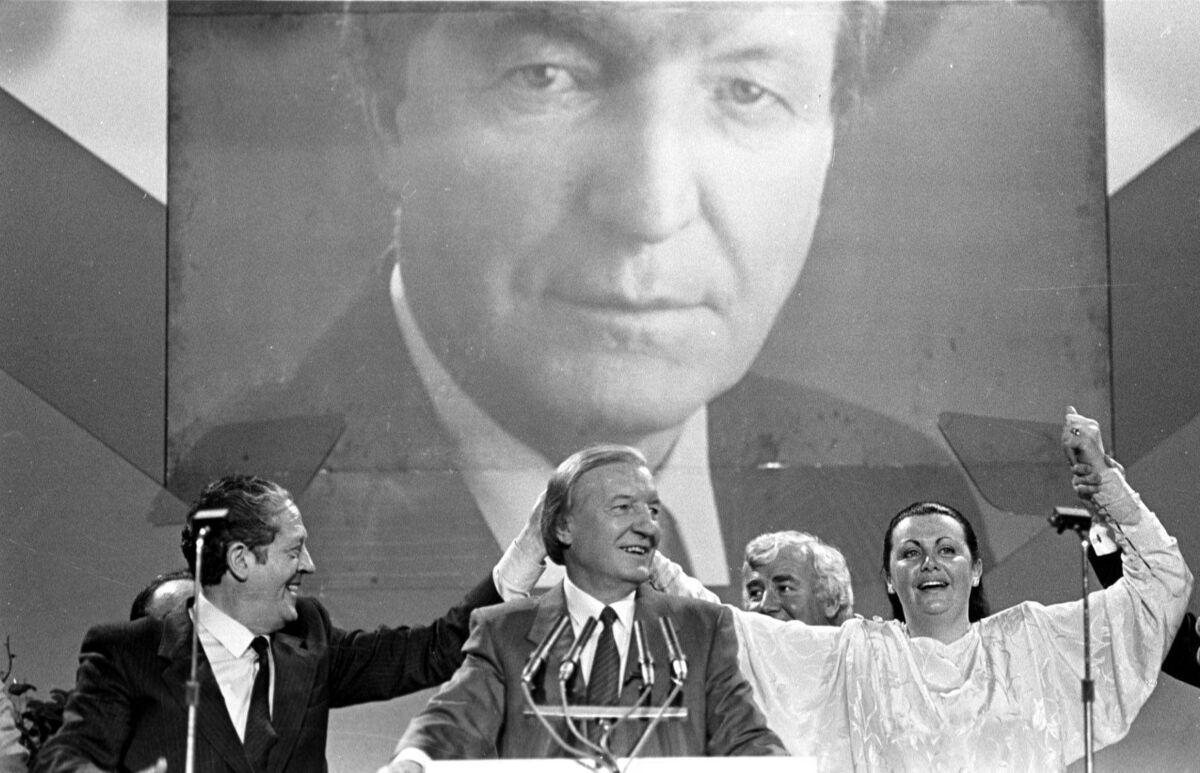 (Left to right) Brian Lenihan, Charles Haughey and Maire Geoghegan Quinn at the Fianna Fáil Ard Fheis in 1986. Photo: Eamonn Farrell/RollingNews.ie