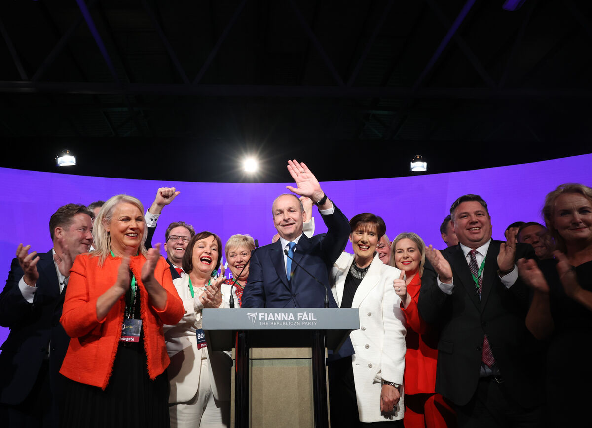 Taoiseach Micheál Martin waves to the crowd after giving his leader's speech at the Fianna Fáil ard fheis in 2022. Photo: Sam Boal/Rollingnews.ie