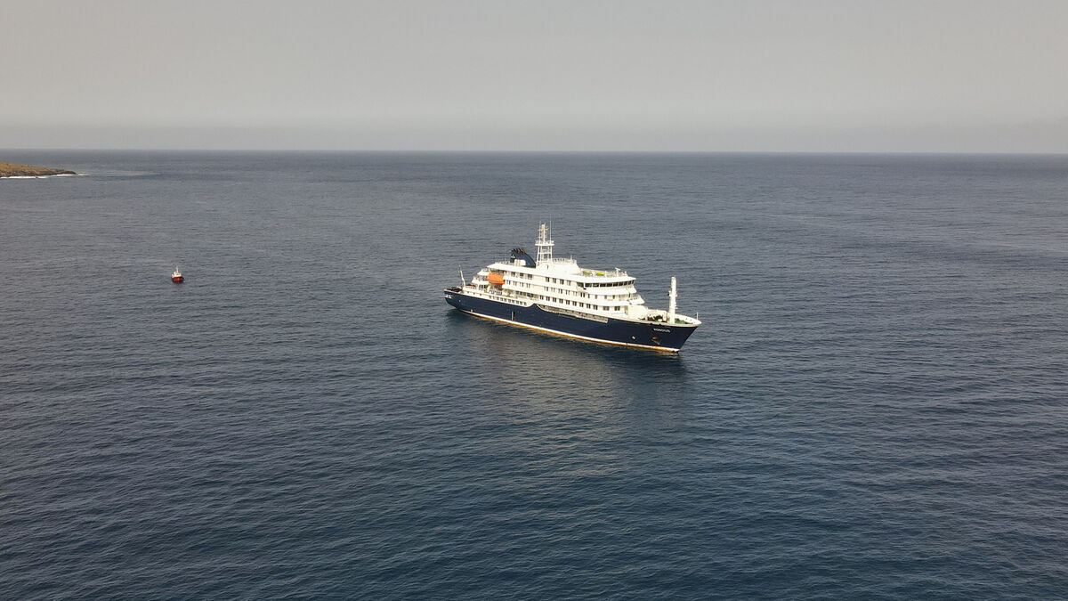 An aerial view of the MV Hondius Dutch cruise ship anchored in the Atlantic off Cape Verde, Tuesday, May 5, 2026. (AP Photo/Arilson Almeida)