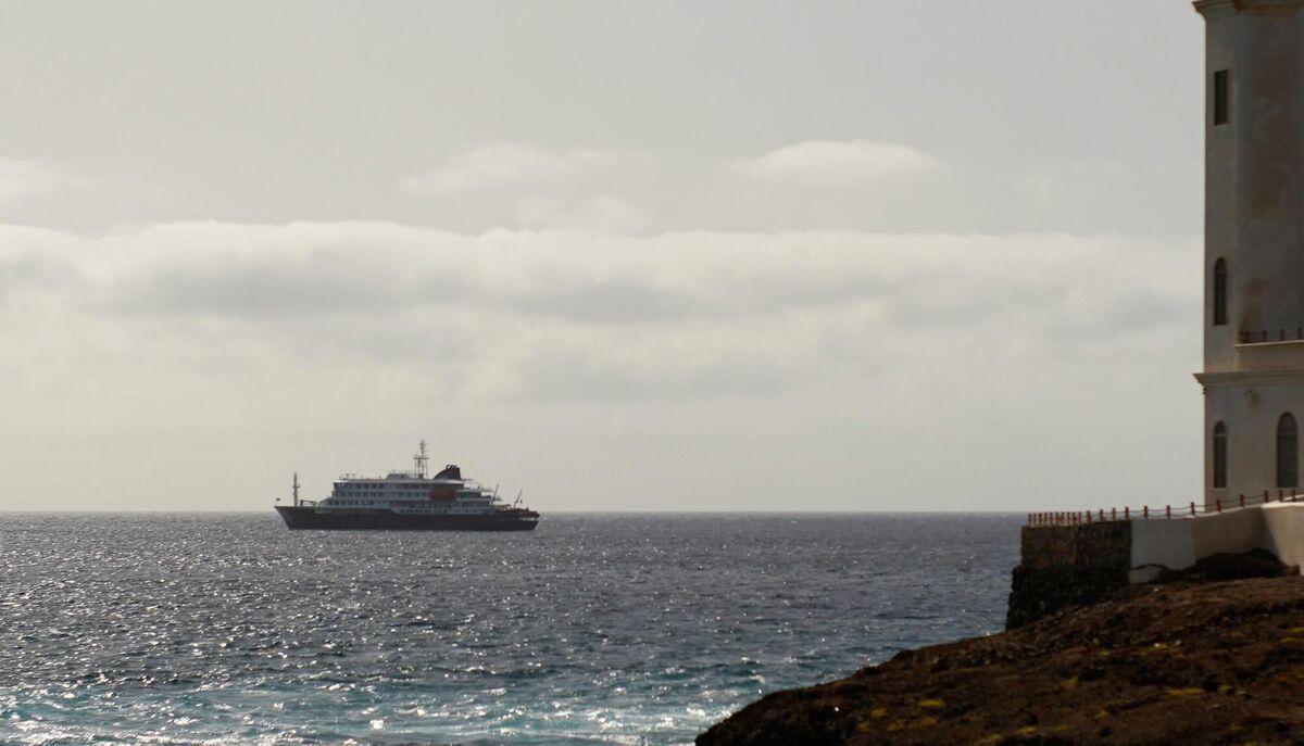A view of the MV Hondius anchored at a port in Praia, Cape Verde last Monday. Picture: AP Photo/Arilson Almeida