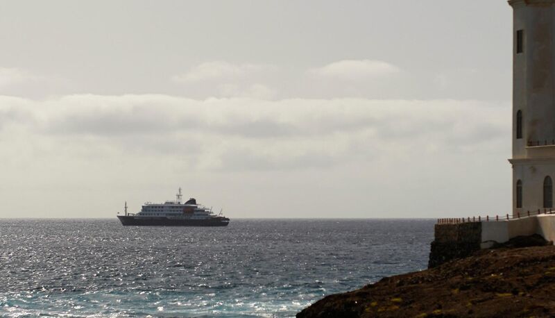 A view of the m/v Hondius Cruise ship anchored at a port in Praia, Cape Verde, Monday, May 4, 2026. (AP Photo/Arilson Almeida)