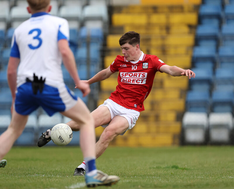  Eoghan Ahern, Cork, gets his shot away against James Skehan, Waterford. Picture: Jim Coughlan