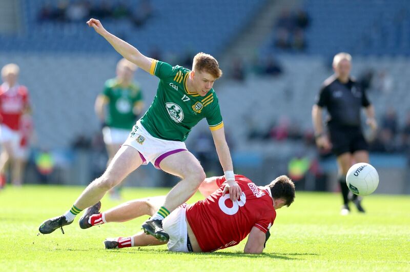 Colm O'Callaghan of Cork battles with Meath's Killian Smyth during the Allianz FL Division 2 final at Croke Park in March - the Rebels' next game is against the Royals at Páirc Uí Rinn. Picture: Inpho/James Crombie